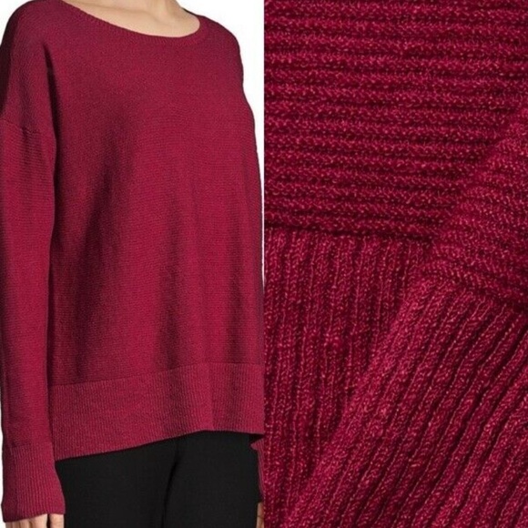 218.00 NWT EILEEN FISHER L HIBISCUS ORGANIC LINEN STRETCH TOP HI/LOW HEM - Picture 3 of 9